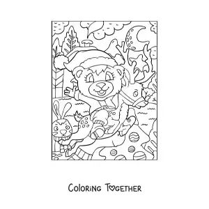 Coloring page of a Christmas bear dressed as Santa with a deer