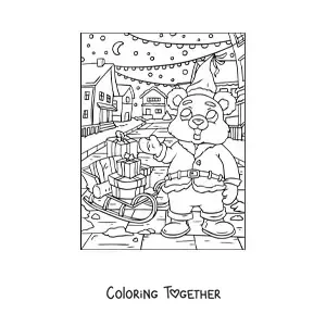 Coloring page of a Christmas bear dressed as Santa with a sleigh full of gifts