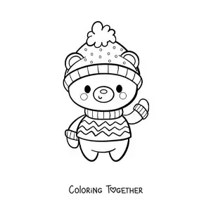 Coloring page of a kawaii Christmas bear with a sweater and hat