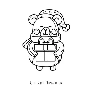 Coloring page of a kawaii Christmas bear with a gift