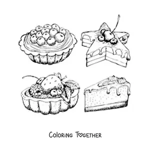 Coloring page of four cakes made with different fruits