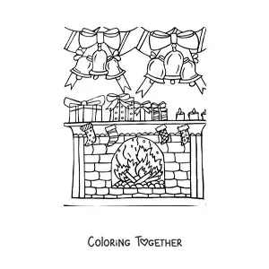 Coloring page of a fireplace decorated with Christmas stockings and bells