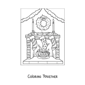 Coloring page of a fireplace decorated with Christmas stockings and a wreath