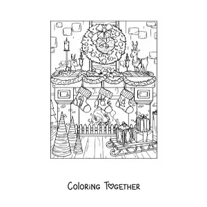 Coloring page of a realistic fireplace decorated for Christmas