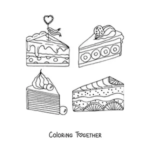 Coloring page of four triangular slices of fruit cake