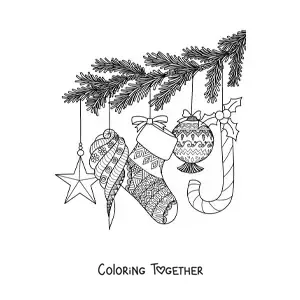 Coloring page of a Christmas tree branch with baubles and ornaments