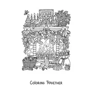 Coloring page of a realistic fireplace decorated for Christmas with gifts