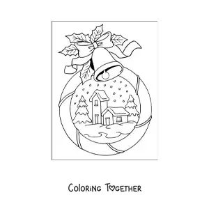 Coloring page of a Christmas snow globe with a landscape