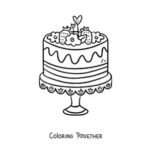 Coloring page of a cake decorated with strawberries and flowers