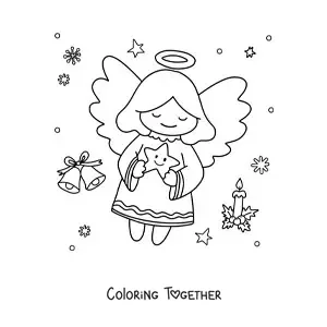 Coloring page of a kawaii Christmas angel with a star