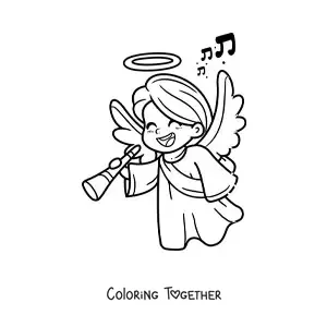 Coloring page of a little Christmas angel with a flute