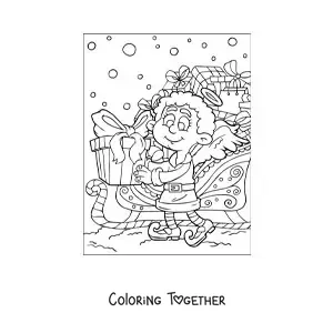 Coloring page of a cartoon Christmas angel with gifts
