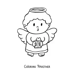 Coloring page of a Christmas angel with a gift