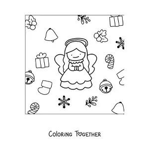 Coloring page of an angel with Christmas ornaments