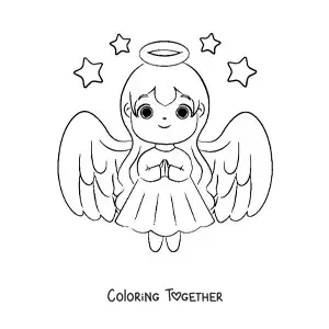 Coloring page of a Christmas angel with stars