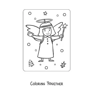 Coloring page of a girl dressed as a little Christmas angel