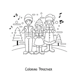 Coloring page of a family singing Christmas carols