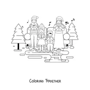 Coloring page of a large family singing Christmas carols