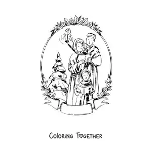 Coloring page of a vintage family singing Christmas carols