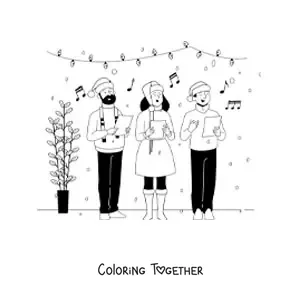 Coloring page of adults singing Christmas carols