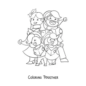 Coloring page of a family joyfully singing Christmas carols