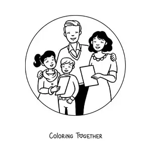 Coloring page of a close-knit family singing Christmas carols