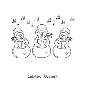 Coloring page of cartoon snowmen singing Christmas carols