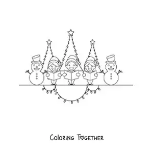 Coloring page of children and cartoon snowmen singing Christmas carols