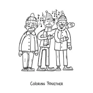 Coloring page of men singing Christmas carols