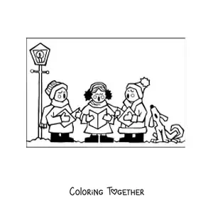 Coloring page of children and a dog singing Christmas carols