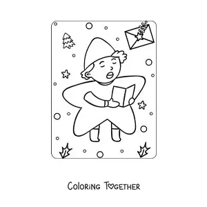 Coloring page of a boy dressed as a star singing Christmas carols