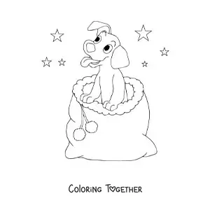 Coloring page of a kawaii Christmas dog in a sack of gifts