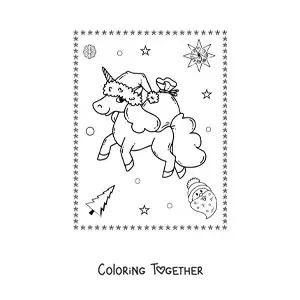 Coloring page of a kawaii Christmas unicorn with gifts