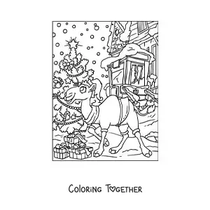 Coloring page of a cartoon Christmas camel