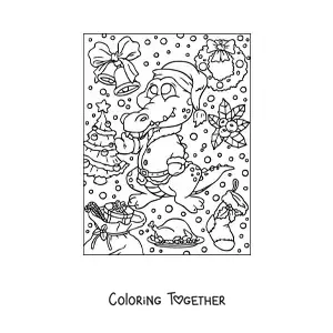 Coloring page of a cartoon Christmas crocodile