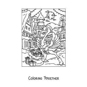 Coloring page of a cartoon Christmas ostrich