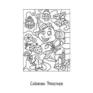 Coloring page of a cartoon Christmas fish