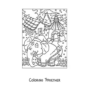 Coloring page of a cartoon Christmas elephant