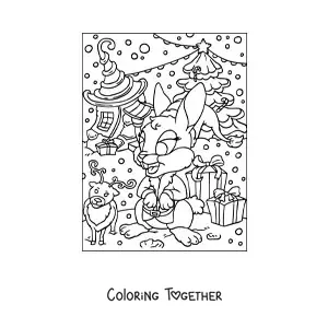 Coloring page of a cartoon Christmas rabbit