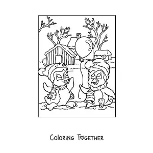 Coloring page of cartoon Christmas penguins