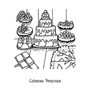 Coloring page of several cakes and desserts