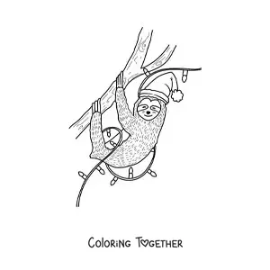 Coloring page of a cartoon Christmas sloth