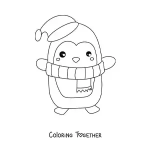 Coloring page of a cartoon Christmas penguin