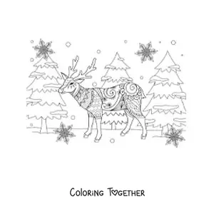 Coloring page of a Christmas deer in zentangle style with pine trees
