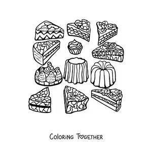 Coloring page of several slices of cakes and desserts