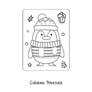 Coloring page of a Christmas penguin with a scarf and hat
