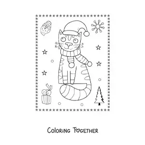 Coloring page of a Christmas cat with a scarf