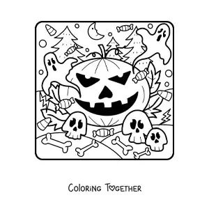 Coloring page of a big Halloween pumpkin with ghosts