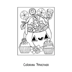 Coloring page of a kawaii Halloween pumpkin with candy