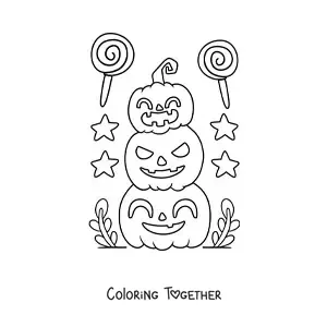 Coloring page of cute Halloween pumpkins with candy
